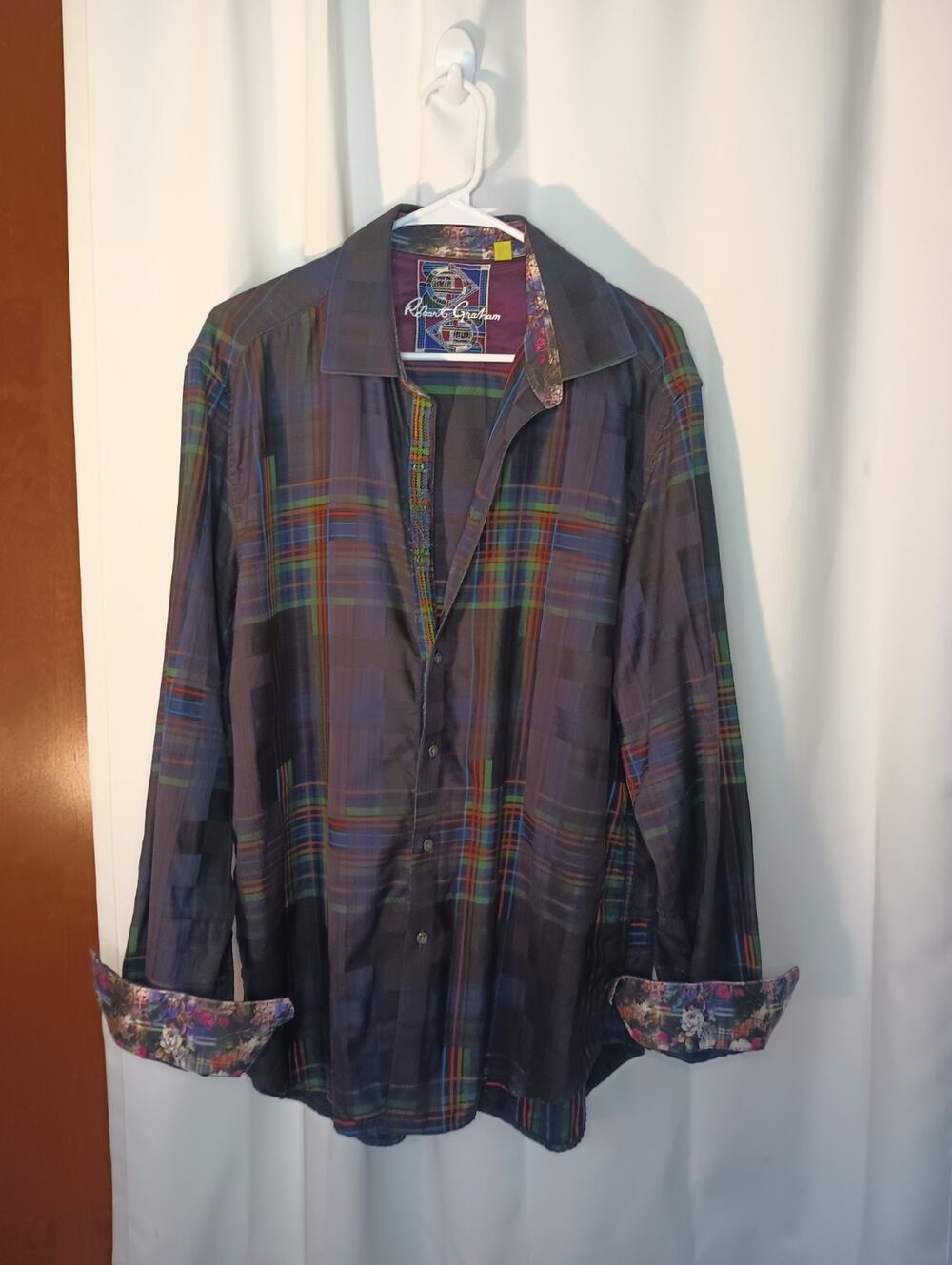 Robert Graham Mens Button Up Shirt XL Bavy Plaid Floral Flip Cuff Flamboyant